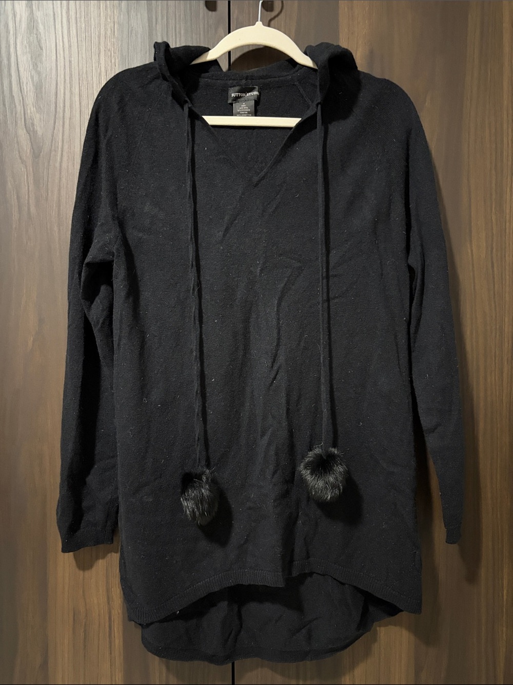 Sutton Studio Black Crewneck Sweater with Pom-Pom Hood